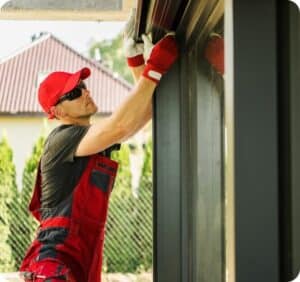 About Us: A man in overalls working on a window.